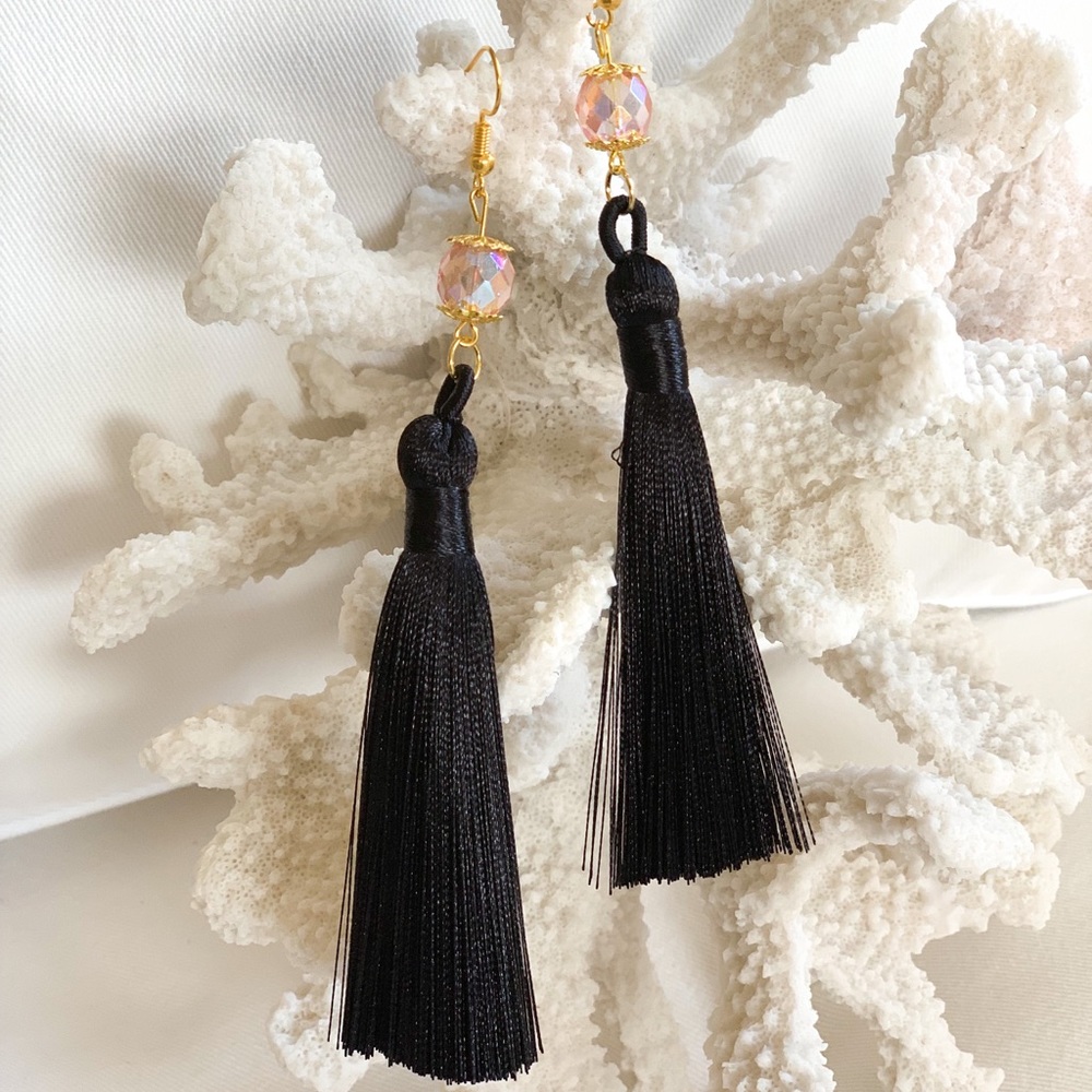 NEW Tassel Earrings - Handmade Black Blush & Gold